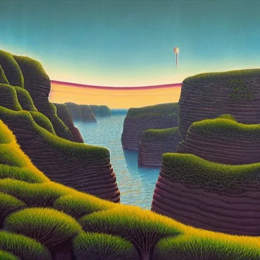 Image similar to painting of a lush natural scene on an alien planet by jeffrey smith. beautiful landscape. weird vegetation. cliffs and water.