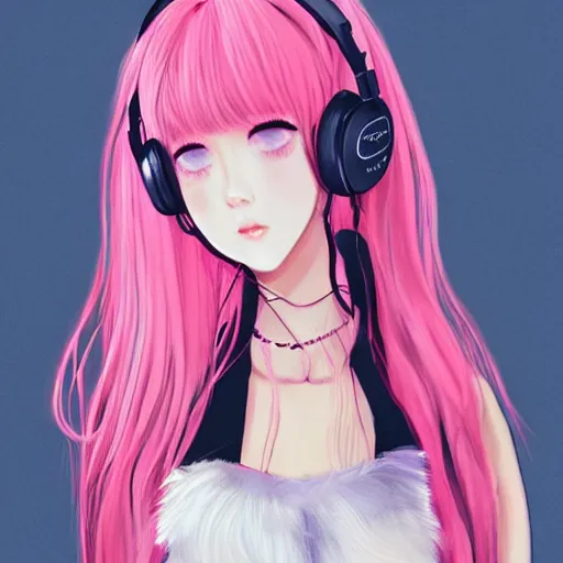 Image similar to realistic beautiful gorgeous natural cute Blackpink Lalisa Manoban pink hair cute fur pink cat ears, wearing white camisole summer outfit, headphones, black leather choker artwork drawn full HD 4K highest quality in artstyle by professional artists WLOP, Aztodio, Taejune Kim, Guweiz on Pixiv Artstation