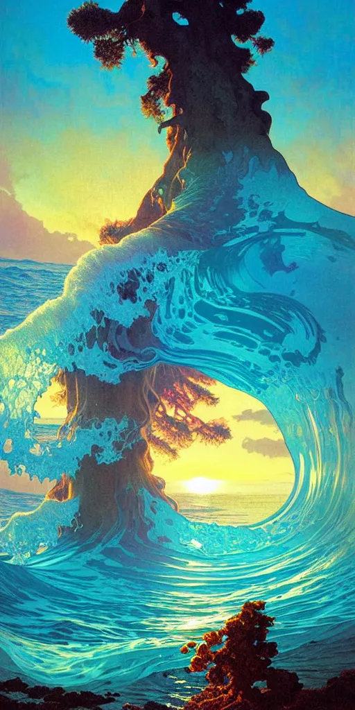 Prompt: ocean wave around ancient sequoia tree, dmt water, lsd ripples, backlit, sunset, refracted lighting, art by collier, albert aublet, krenz cushart, artem demura, alphonse mucha