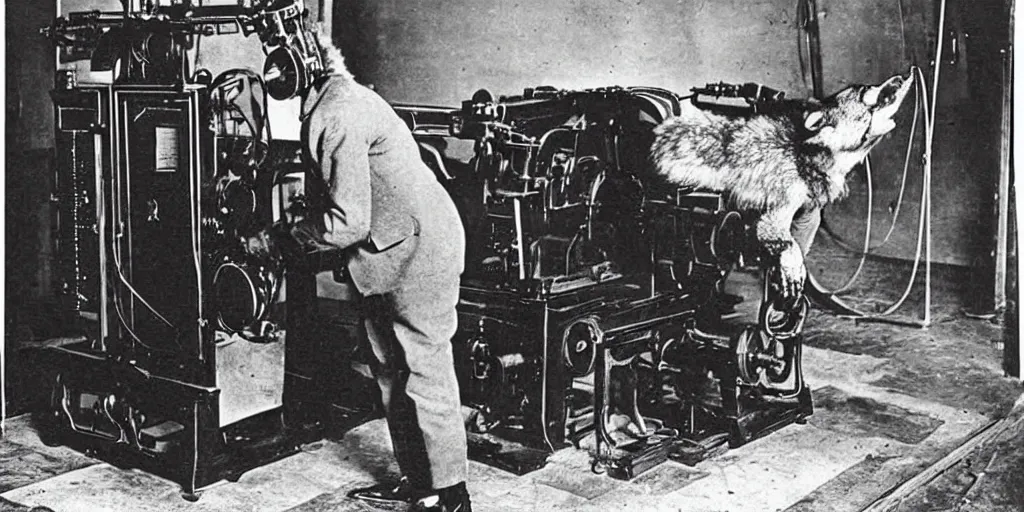 Image similar to anthropomorphic furry wolf controlling an obscure machine that has been lost to time, 1900s photograph