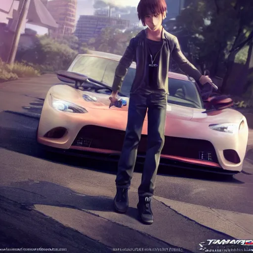 Prompt: a young anime man driving a sports car, style game square enix life, trending on artstation, painted by greg rutkowski, render naughty dog, octane render, detailed