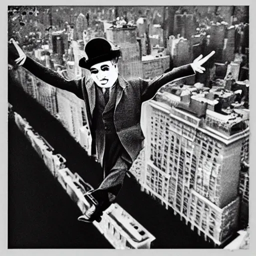 Image similar to “ a winged Charlie Chaplin flying over new york city”