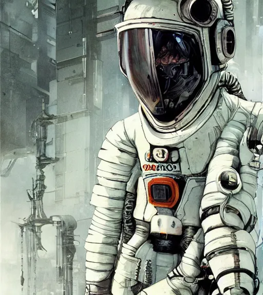 Image similar to realistic cyberpunk engineer with long limbs and a black spacesuit on a spacewalk, techwear, dead space, visible face, Industrial Scifi, detailed illustration, character portrait, by Ashley Wood and Moebius