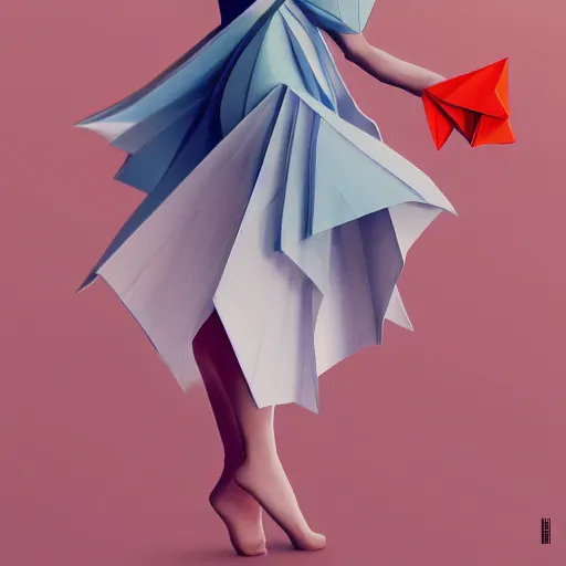 Image similar to 3 / 4 view of a beautiful girl wearing an origami dress, eye - level medium shot, elegant, by eiko ishioka, by peter mohrbacher, centered, fresh colors, origami, fashion, detailed illustration, vogue, high depth of field, japanese, reallusion character creator