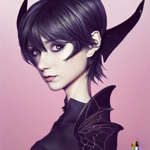 Image similar to 3 / 4 view of a portrait of pixie woman with bat wings, confident pose, pixie, genshin impact,, intricate, elegant, sharp focus, illustration, highly detailed, concept art, matte, trending on artstation, anime, strong brush stroke, sharp focus, illustration, morandi color scheme, art station, by ilya kuvshinov h 6 4 0