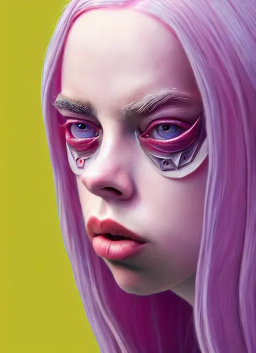 Image similar to Billie Eilish as Female Loki, beautiful facial symmetry, rose pink skin color, hyper realistic, hyper detail, very detailed, digital art, trending on artstation, smooth render, 8k octane render, digital illustration, by Katsuhiro Otomo and Shigeru Miyamoto