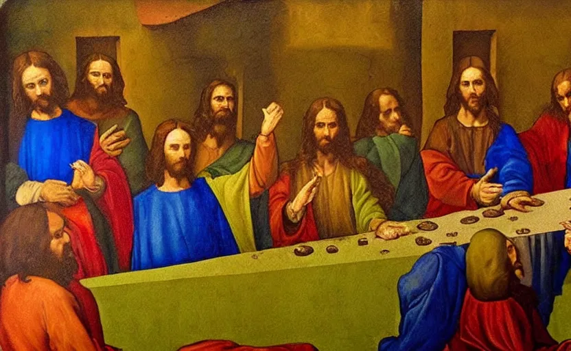 Image similar to Among Us in various primary colors painted like DaVinci's the last supper showing the double-crossing aspect of the main character Jesus stylized as a wall Greco oil painting in Milano Italy