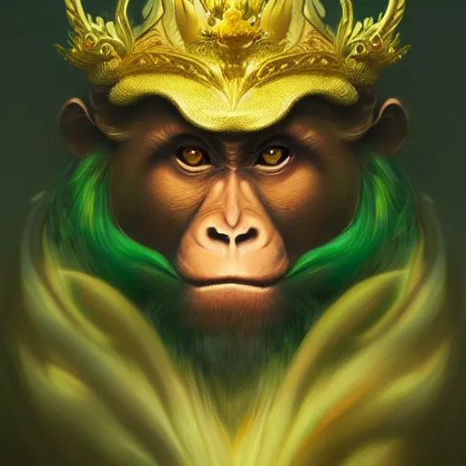 Image similar to monkey king of the mountains, gold and green, portrait, by Anato Finnstark, Tom Bagshaw, Brom