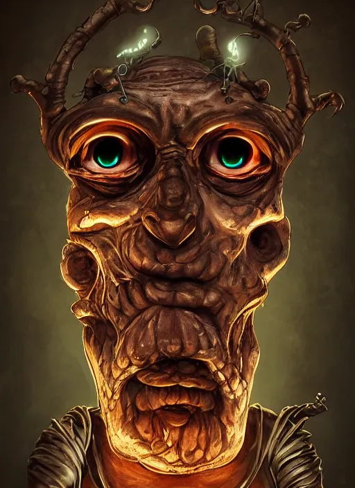 Prompt: occult fred flinstone with glowing haunted eyes, metal skin, intricate, elegant, highly detailed, centered, digital painting, artstation, concept art