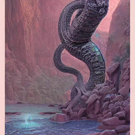 Prompt: desert river serpentine crinoid monster with reptilian iridescent tile scales, maximalist art nouveau, cgsociety, artstation by gustave dore and tyler edlin