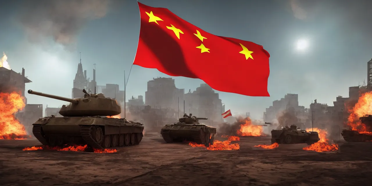 Prompt: tanks burning city, army, china, winnie the pooh, communist flag, volumetric lighting, unreal engine, realistic