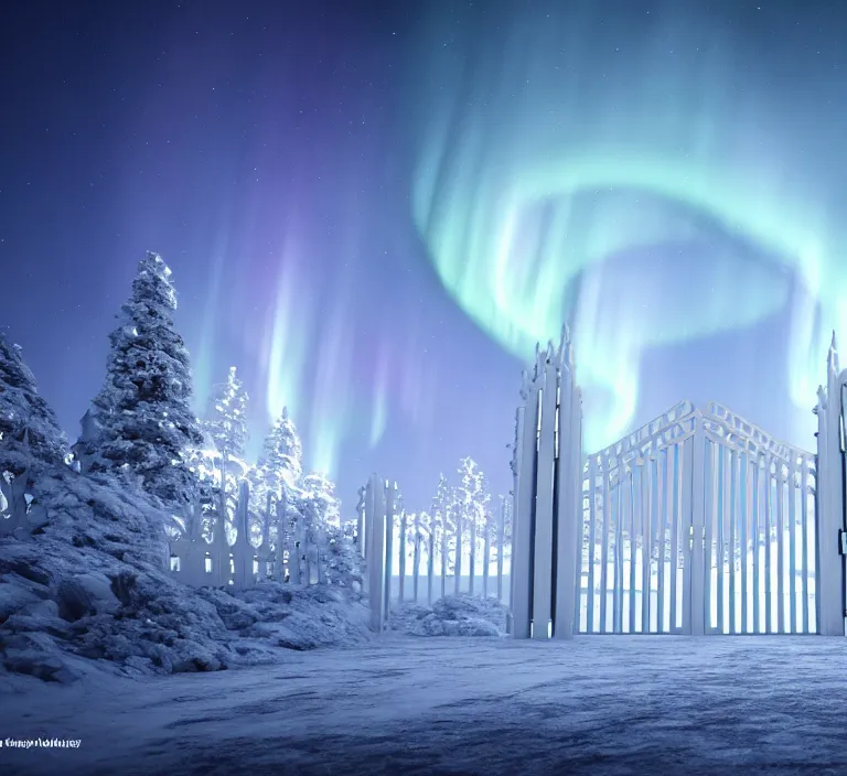 Prompt: a very detailed concept art of intricate and scandinavian white gates to aurora borealis infused with lights, trending on artstation, symmetry, digital art, 4 k, hyper realistic, octane render, sharp focus