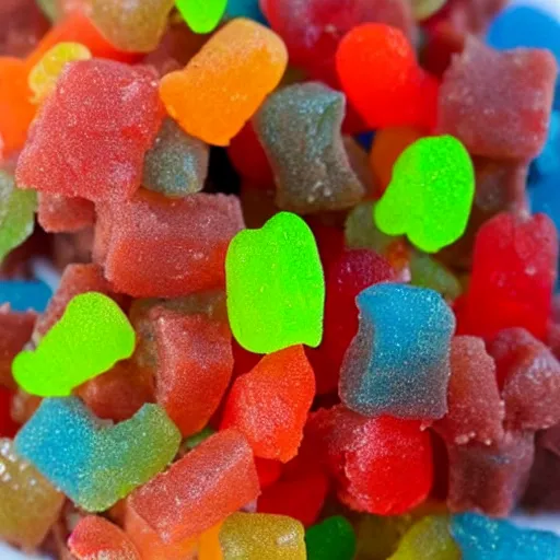 Image similar to brownie batter, mixed with sour gummy worms, super yummy, commercial, glistening