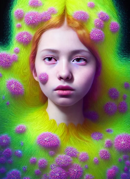 Image similar to hyper detailed 3d render like a Oil painting - kawaii portrait Aurora (serious honey haired hacker girl Singer) seen Eating of the Strangling network of yellowcake aerochrome and milky Fruit and Her delicate Hands hold of gossamer polyp blossoms bring iridescent fungal flowers whose spores black the foolish stars by Jacek Yerka, Mariusz Lewandowski, Houdini algorithmic generative render, Abstract brush strokes, Masterpiece, Edward Hopper and James Gilleard, Zdzislaw Beksinski, Mark Ryden, Wolfgang Lettl, hints of Yayoi Kasuma, octane render, 8k