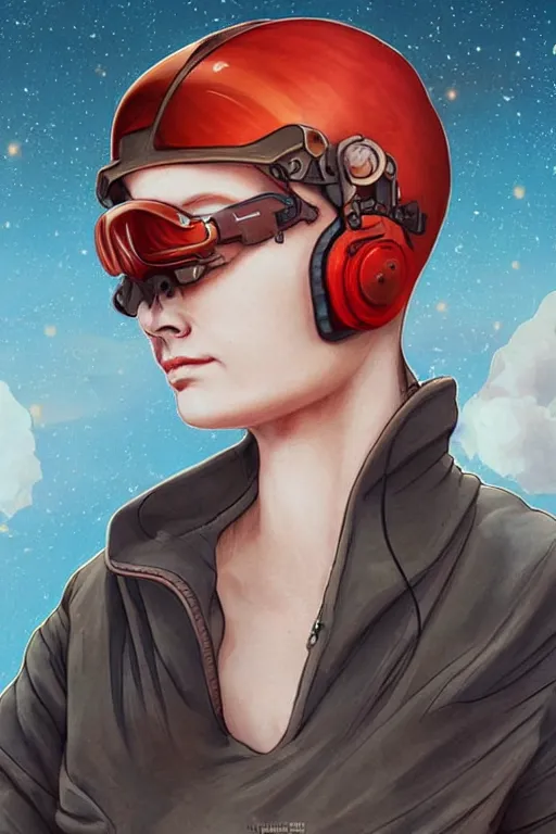 Prompt: tattooed stoic heroic emotionless butch blond woman engineer stranded on hostile dusty red alien planet, red dust storm, awkward and anxious, victorian goggles, very short slicked - back hair, by artgerm and moebius, ornate, stunning, nebula, explosions in the sky, trending on artstation