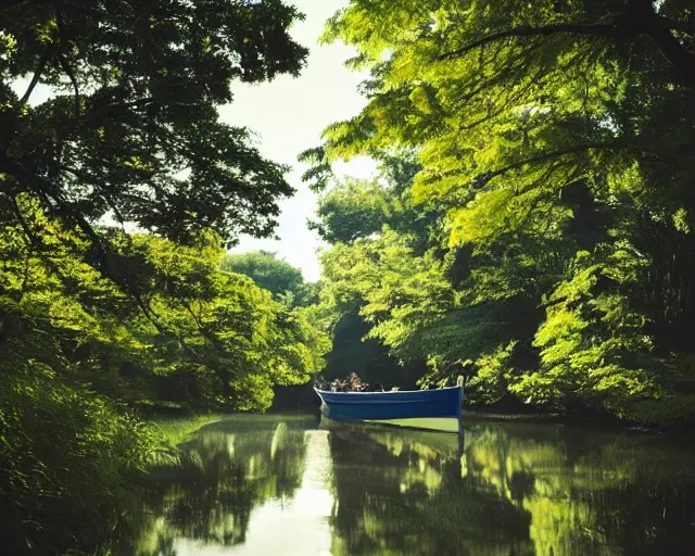 Prompt: one single short small wooden boat in a very narrow river, trees, shady, ripples, reflections. A boy and a girl are standing in the boat. Romantic. Sakura trees and green trees. By Makoto Shinkai, Stanley Artgerm Lau, WLOP, Rossdraws, James Jean, Andrei Riabovitchev, Marc Simonetti, krenz cushart, Sakimichan, trending on ArtStation, digital art.