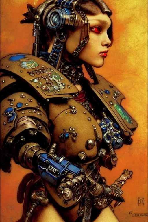 Image similar to full character portrait max mad cyberpunk warhammer 4 0 k, warrior marine the girl with the pearl earring character design, painting by gaston bussiere, katsuya terada, frank frazetta, gerald brom, mucha, tom of finland, trending on artstation