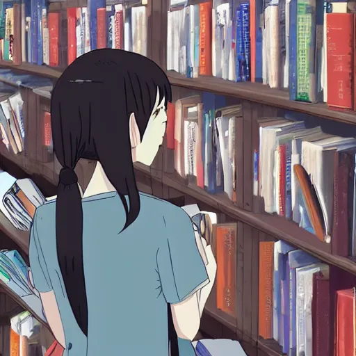 Image similar to At the end of the world, a high school girl browsing in a bookstore, Makoto Shinkai style