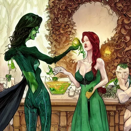 Prompt: a beautiful picture of doctor poison ivy professor of botany and doctor liliana vess professor of demonology having lunch, academic clothing, dark eyeliner, intricate, elegant, highly detailed, digital painting, artstation, concept art, matte, sharp focus, illustration, art by rebecca guay and by jacque louis david, in the style of magic the gathering