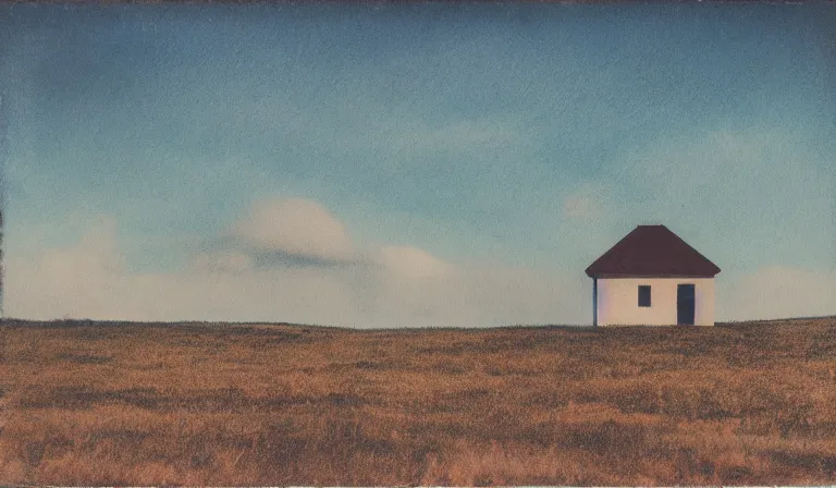 Prompt: A serene landscape with a singular building in the style of polaroid.