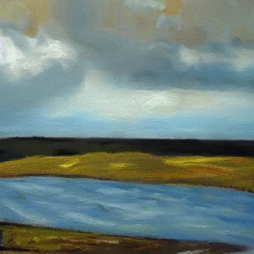 Prompt: sunny day, underlying sense of dread, stormy clouds on the horizon, warm palette