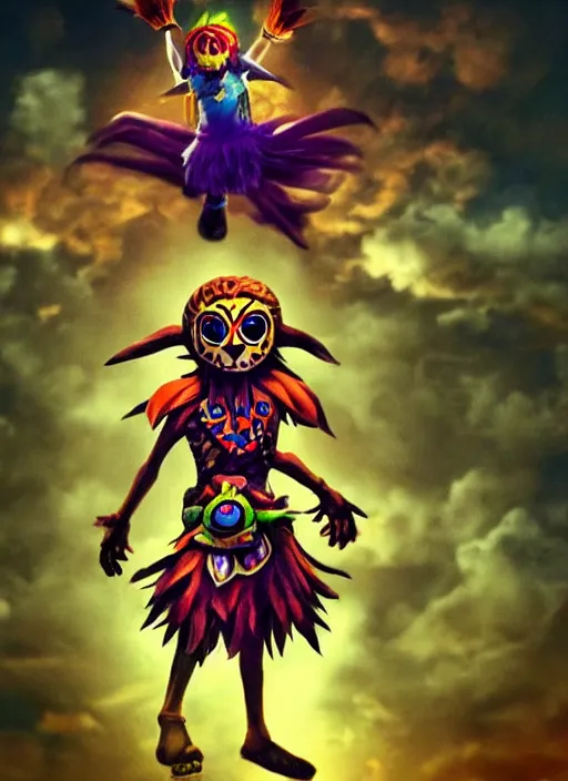 Image similar to skull kid from majoras mask floating in the air while looking at the viewer maniacally, legend of zelda fairy in the background, dramatic lighting, cinematic, film, dynamic pose, movie scene