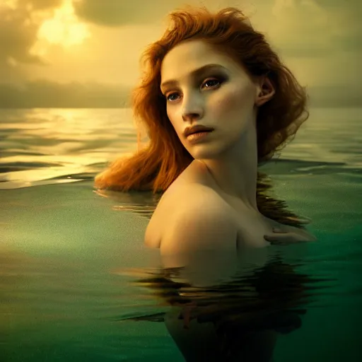 Image similar to photographic portrait of a stunningly beautiful siren renaissance female, underwater, in soft dreamy light at sunset, contemporary fashion shoot, by edward robert hughes, annie leibovitz and steve mccurry, david lazar, jimmy nelsson, extremely detailed, breathtaking, hyperrealistic, perfect face, octane render