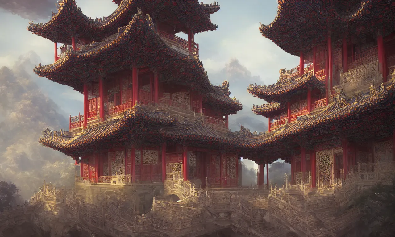 Image similar to A Chinese style splendid palace of the game concept scene original painting, super wide angle, magnificent and gorgeous atmosphere，rtx on，by Jordan Grimmer and Jonas De Ro, trending on cgsociety and artstation, unreal engine，Volumetric light，surreal