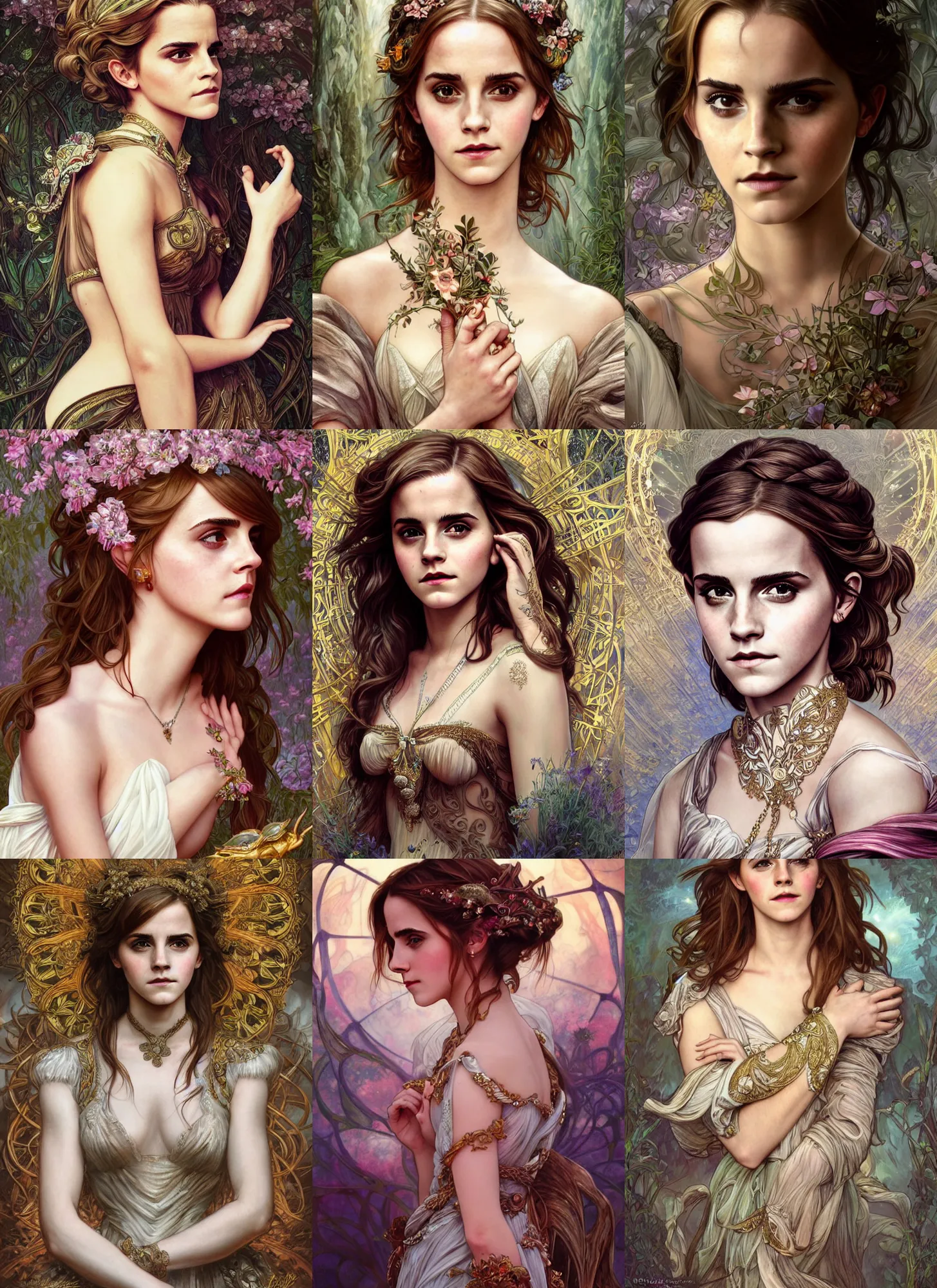 Prompt: Emma Watson as a French Goddess, cute, fantasy, intricate, elegant, highly detailed, digital painting, 4k, HDR, concept art, smooth, sharp focus, illustration, art by artgerm and H R Giger and alphonse mucha