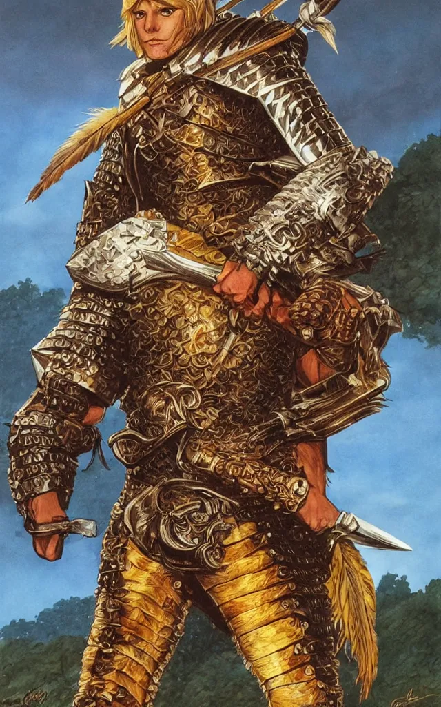 Prompt: portrait of a dnd character, a human fighter wearing armour made out of griffin feathers, by larry elmore