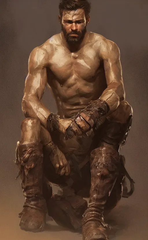 Image similar to Portrait of a rugged ranger sitting down, male, muscular, straight nose!!!, detailed face, handsome face, bare thighs!!!, simple clothing!!!!!, fantasy, medieval, highly detailed, cinematic lighting, digital art painting by greg rutkowski