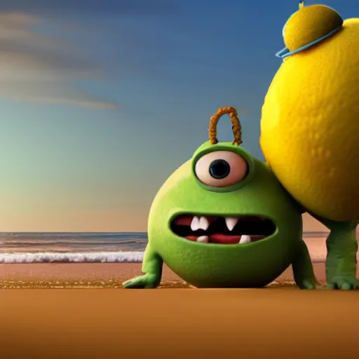 Image similar to 3 d render, of anthropomorphic lemon character that looks like a monster from the movie وmonsters inc, with lemon skin texture, he is wearing a hat, building a sandcastle on the beach at sunset, beach, huge waves, sun, clouds, long violet and green trees, rim light, cinematic photography, professional, sand, sandcastle, volumetric lightening