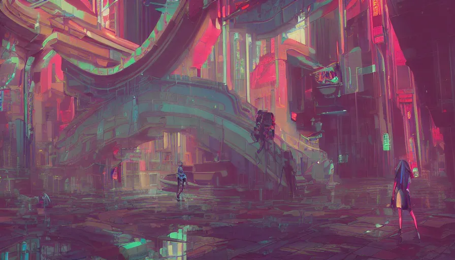 Prompt: a digital painting of a woman exploring a temple, cyberpunk art by james jean, cgsociety, retrofuturism, anime aesthetic, chromatic, iridescent
