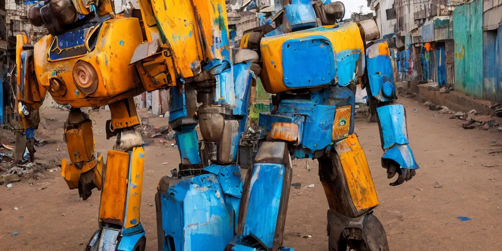 Prompt: colourful giant mecha ROBOT of AJEGUNLE SLUMS of Lagos, markings on robot, Golden hour,