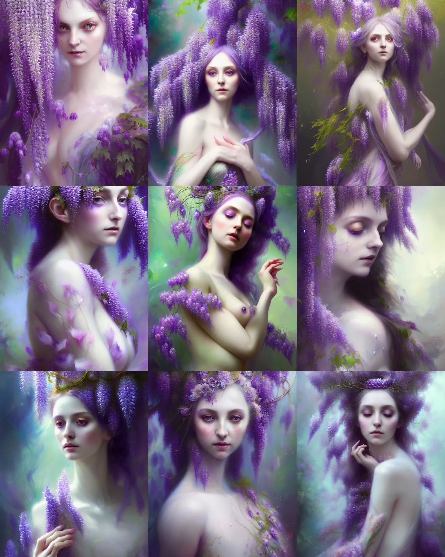 Image similar to Full View Portrait Mystical ethereal wisteria deity wearing beautiful dress, wisteria Dryad, 4k digital masterpiece by Anna dittman and Ruan Jia and Alberto Seveso, fantasycore, Hyperdetailed, realistic oil on linen, soft lighting, wisteria background, featured on Artstation