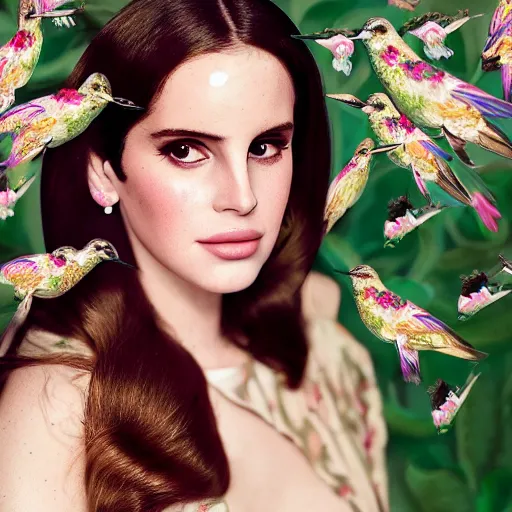 Prompt: head and shoulder portrait of lana del rey, surrounded by hummingbirds and dense fine floral ornaments, eye - level medium shot, dense floral background, elegant, intricate, by cross henri edmond and cornwell dean, centered, volumetric light
