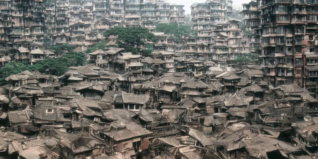 Prompt: studio ghibli film still of a forest city, kowloon walled city, ruined buildings, animals