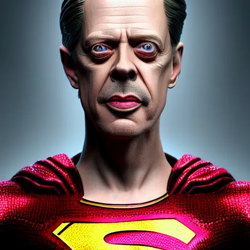 Image similar to hyperrealistic mixed media image of steve buscemi as skinny superman, stunning 3 d render inspired art by xiang duan and thomas eakes, perfect facial symmetry, flawless bone structure, realistic, highly detailed attributes and atmosphere, dim volumetric cinematic lighting, 8 k octane detailed render, post - processing, masterpiece,