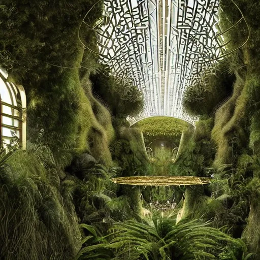 Image similar to a dream about opulent, abandoned overgrown futuristic base on Mars designed by Zaha Hadid, lush plants growing through the glossy floors and walls, walls are covered with moss and vines, beautiful, dusty, golden volumetric light shines through, golden rays fill the space with warmth, rich with epic details, dreamy atmosphere and drama