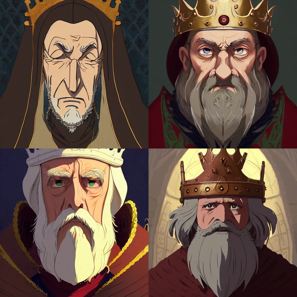 Prompt: portrait of a medieval old king, artstation, cartoon, elegant, highly detailed, digital painting, concept art, smooth, sharp focus, illustration, art by studio ghibli, makoto shinkai, don bluth, fujita goro, jean giraud, atey ghailan, akihiko yoshida, tom whalen, anton fadeev, 8 k