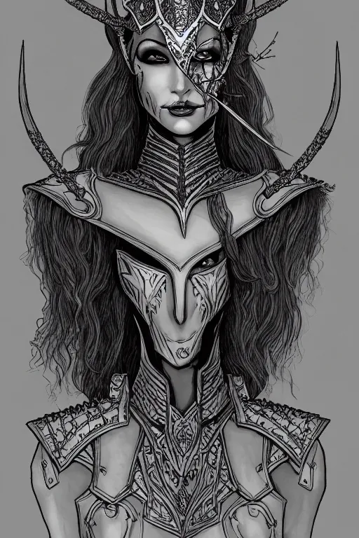 Image similar to head and shoulders portrait of an eldritch knight, drow, dark elf, shadar kai, female, breastplate, magical, high fantasy, d & d, by beardsley, face details, extremely detailed, vogue fashion photo