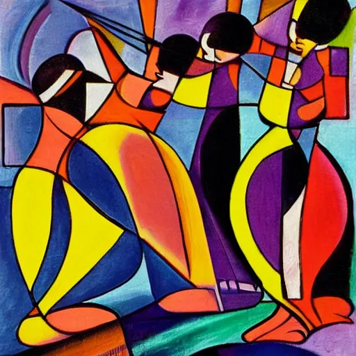 Prompt: fiddles play joyful music as women dance across the bridge at sunset, abstract art in the style of cubism”,