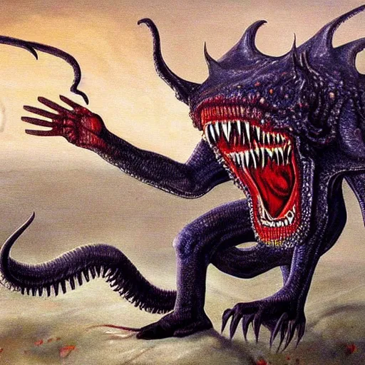 Prompt: The painting is in an animated style, with highly realistic detail. It depicts a scene from a Lovecraftian story, in which an evil creature is attacking a human. The creature is big and menacing, with sharp teeth and claws.