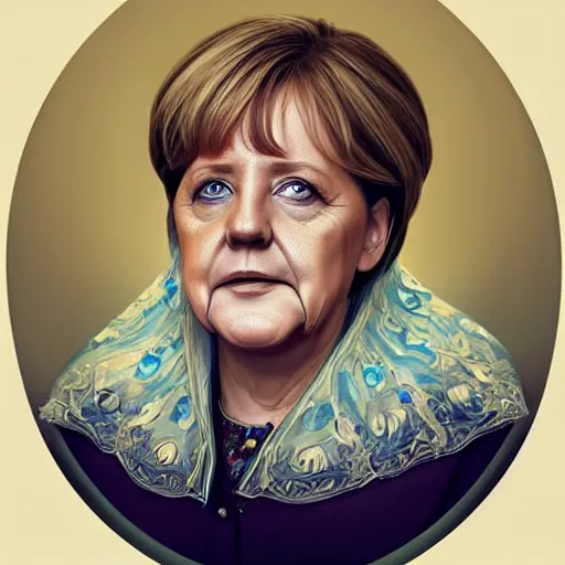 Image similar to Portrait of Angela Merkel !with beard!, D&D, blue eyes, face, dark fantasy, intricate, elegant, highly detailed, digital painting, artstation, concept art, smooth, sharp focus, illustration, art by artgerm and greg rutkowski and alphonse mucha