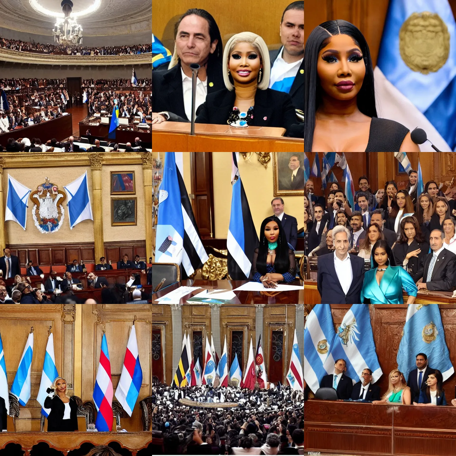 Image similar to Nicki Minaj president of Argentina, in the Argentine Congress, flags of Argentina behind, detailed picture