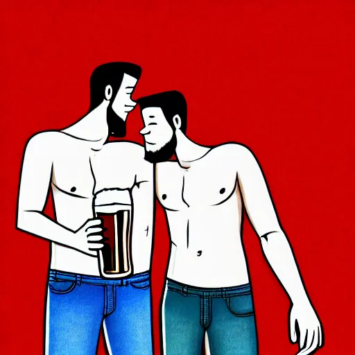 Image similar to two beautiful chad men drinking beer, red hearts, white heart, friendship, love, sadness, dark ambiance, concept by Godfrey Blow, featured on deviantart, drawing, sots art, lyco art, artwork, photoillustration, poster art