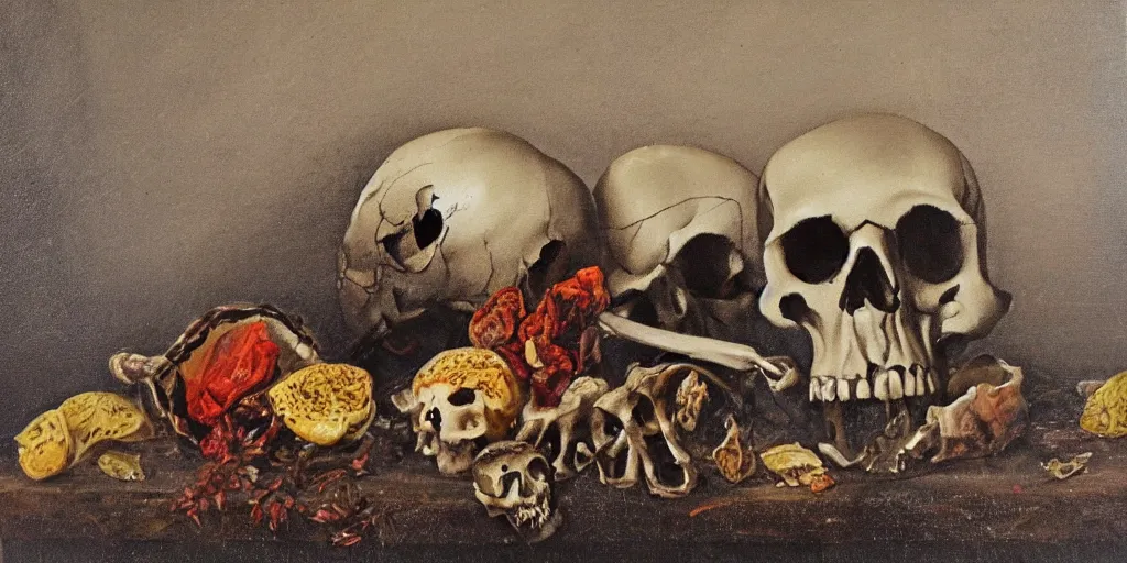 Image similar to still life painting with a skull on a silver platter, dead flowers, rotten fruit, lit by a single candle