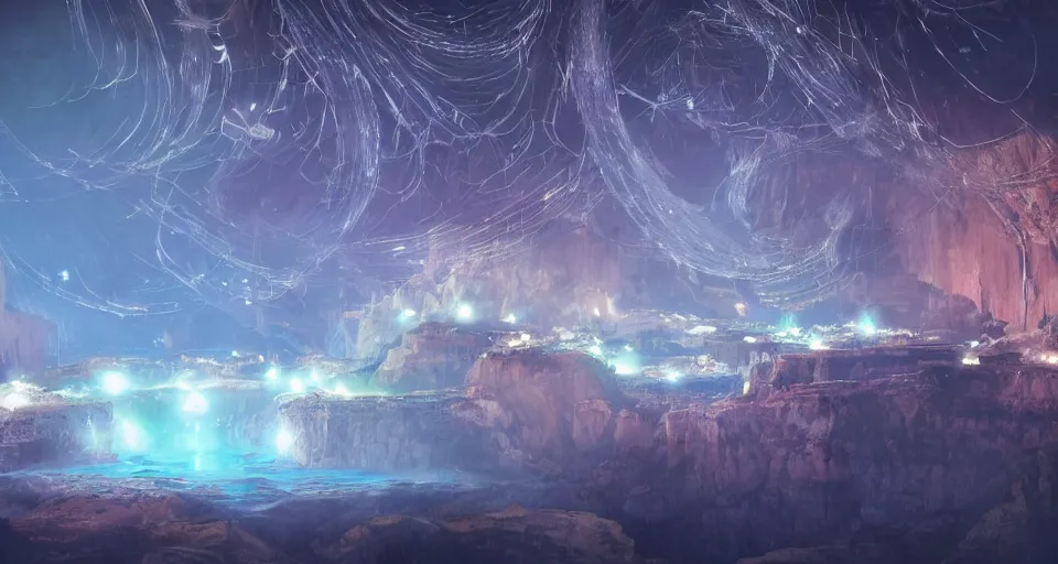 Image similar to night, a lot of people and a spiral - shaped white luminous attractor is floating in grand canyon, concept art, art for the game, professional lighting, art