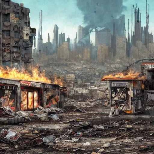 Prompt: hyperrealistic matte painting of a wasteland leftover from nuclear cataclysm, survivors cooking rats over a trashcan fire, intricate detail, complex, long street, cyberpunk buildings, graffiti, cyberpunk ads, 8 k resolution, technological, endless street, by hugh ferris, by noriyoshi ohrai, cyberpunk style, smooth, octane, concept art, trending on artstation