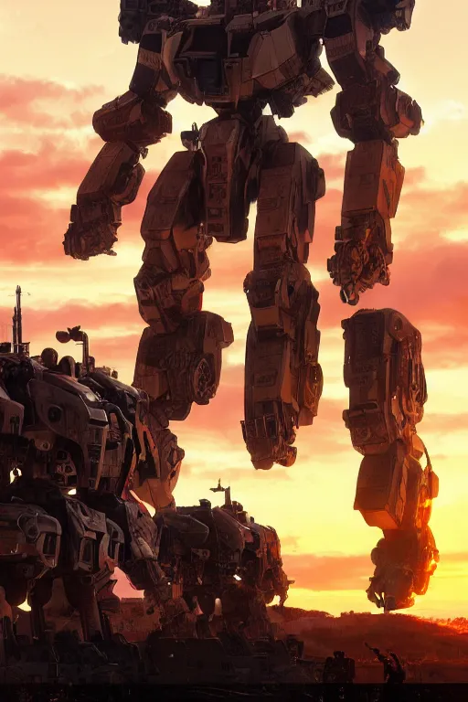 Image similar to A realistic photo of a huge Mechwarrior, a sunset in the distance, by Josan Gonzalez, Yoji Shinkawa and Geof Darrow, highly detailed, Unreal Engine Render, 3D, 8k wallpaper, uplight